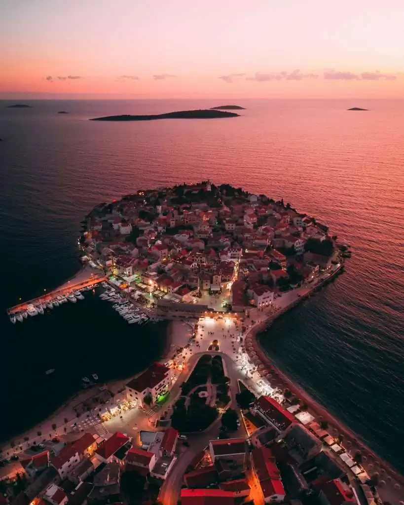 Top Things to do in Rogoznica Croatia - this is the drone image of Primosten in Croatia