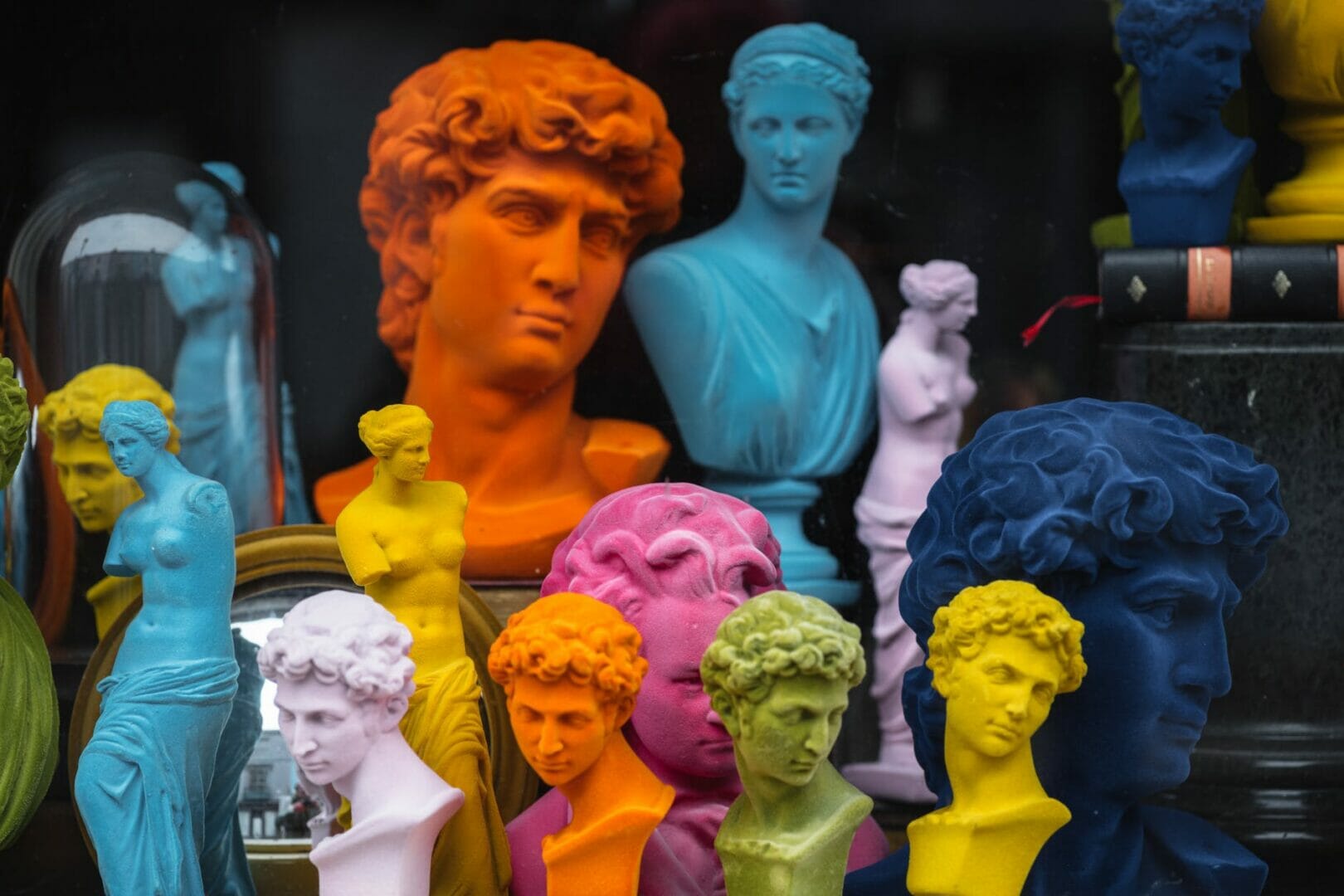colorful busts placed in store